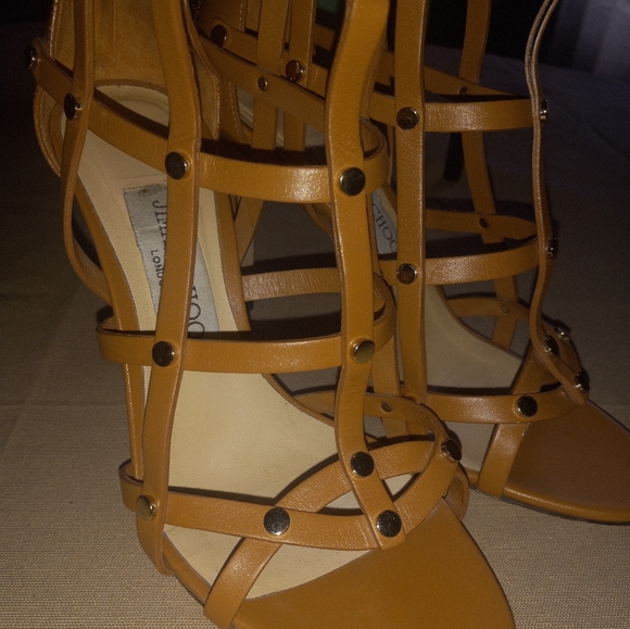 Jimmy Choo Caramel Leather Gold Stud Gladiator Caged Shoes 36.5 6.5 - Picture 3 of 6